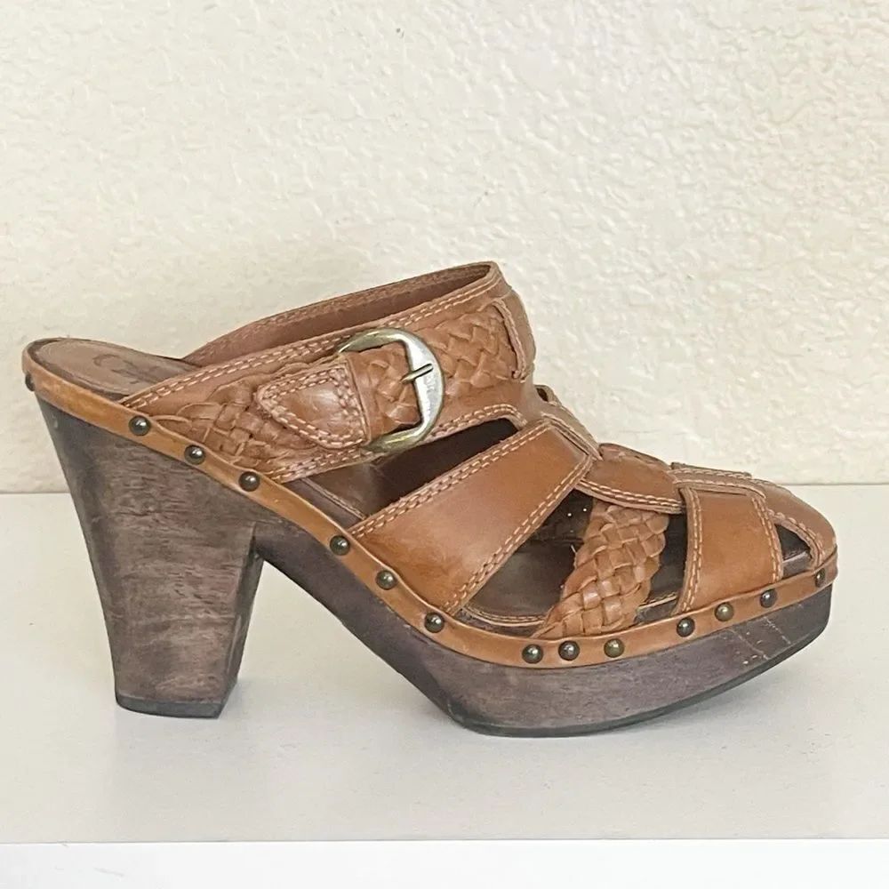 Frye Ella Fisherman mule clogs brown leather wooden clogs with braided buckle 10